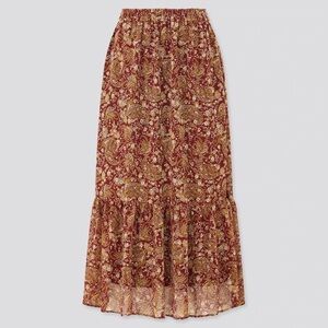 Uniqlo Women’s Joy of Print Chiffon Long Tiered Floral Red Skirt